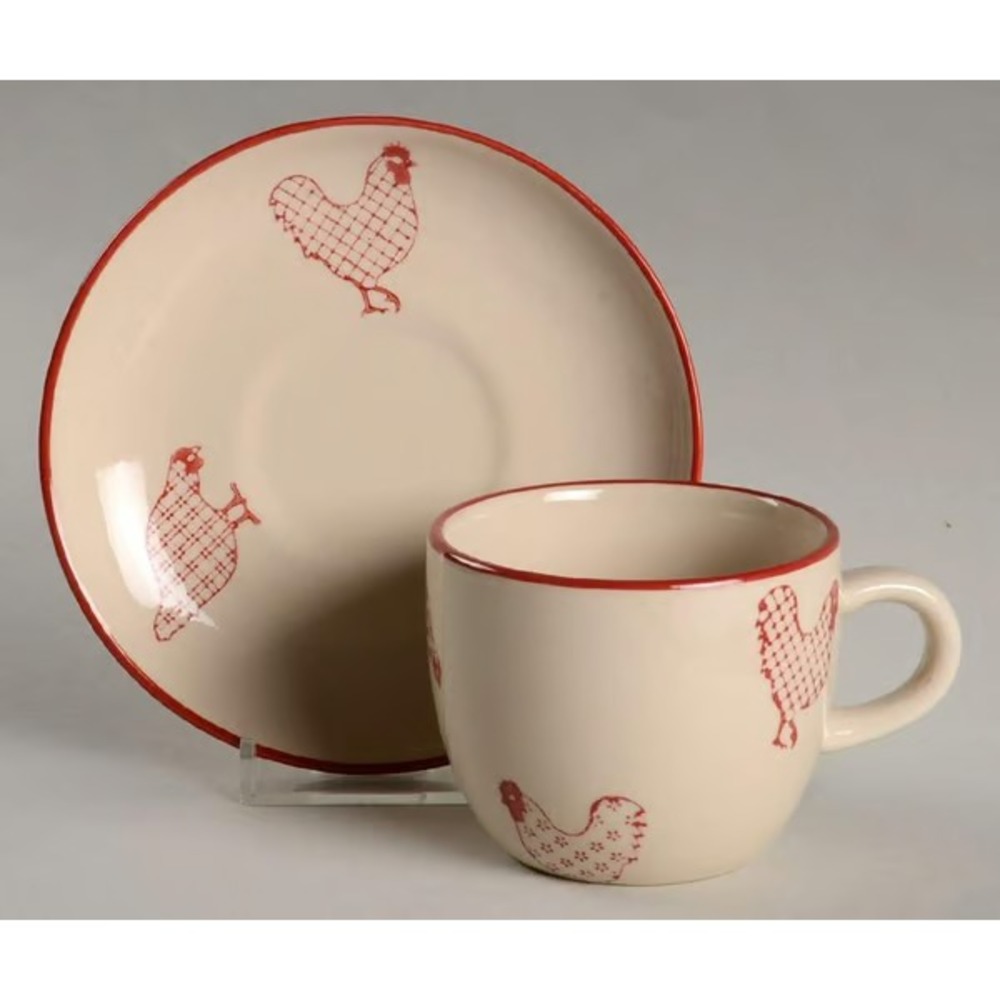 NEW ANTHROPOLOGIE JOYYE Country Cottage Plate Red/Off White CUP SAUCER barnyard